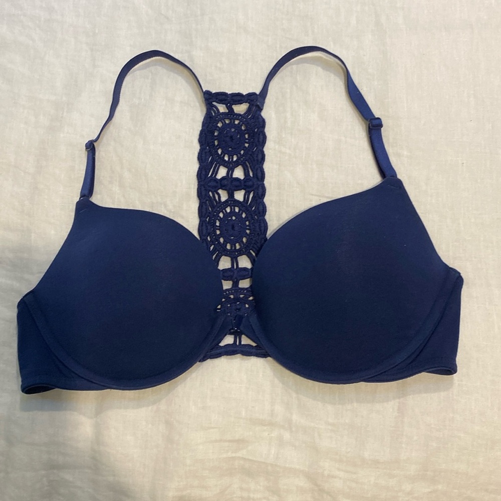 Victorias Secret navy front clasp stretch cotton bra 36D
